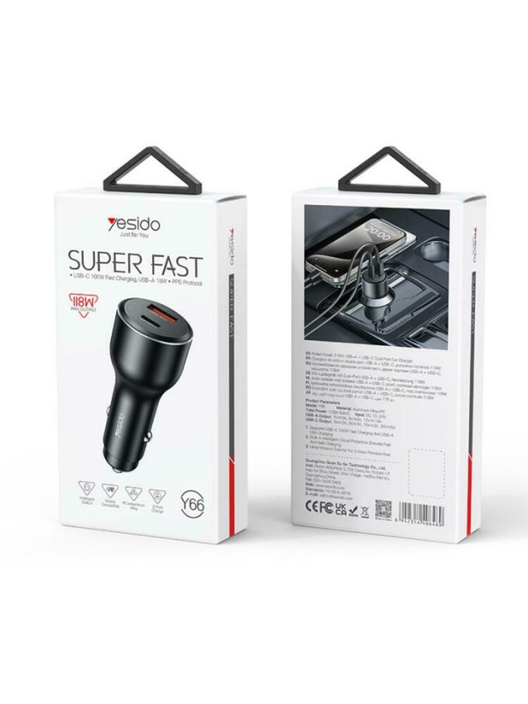 Automobilinis įkroviklis Yesido Y65, 100W + QC 18W, USB + Type-C