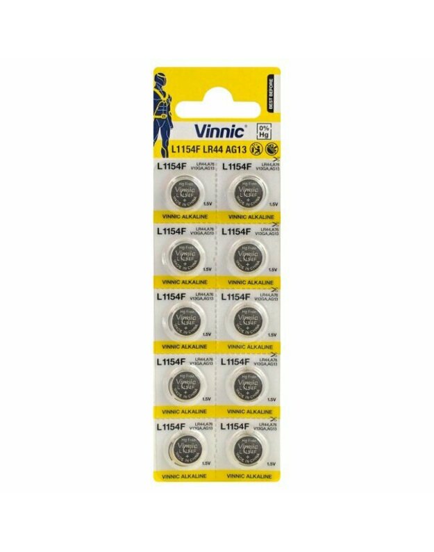 10x L154F (LR44 / AG13) Vinnic - 1,5V Elemntas (1 vnt. kaina- 0.49 eur.)