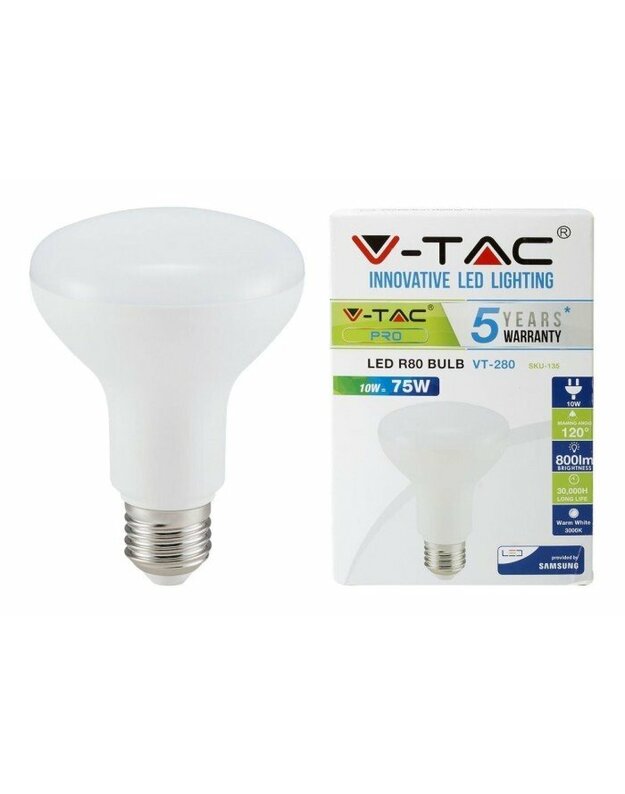 Šviesos diodų lemputė V-TAC, R80, 10 W, E27, 800lm, 3000K