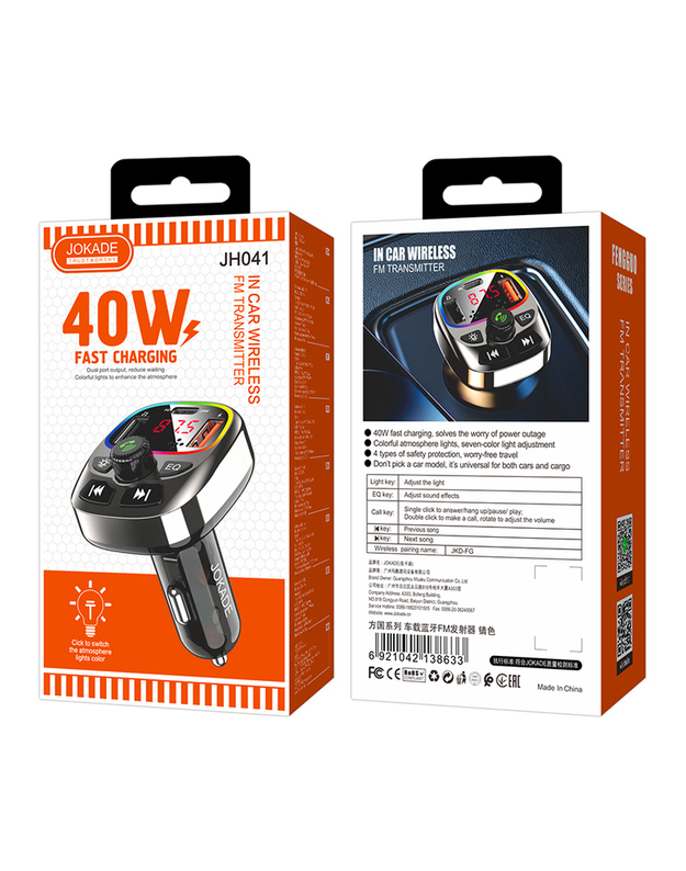 JOKADE - JH041 40W TRIO (2xUSB+1xUSB-C) Automobilinis BT FM siųstuvas BLACK OTL