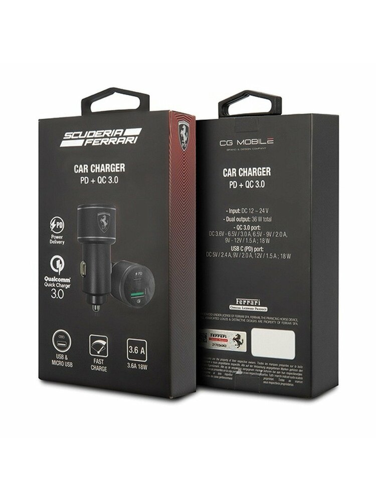 Originalus „Ferrari FEOCCALBK QC3.0“ automobilinis įkroviklis + PD36W energijos tiekimo greitas įkrovimas juodas