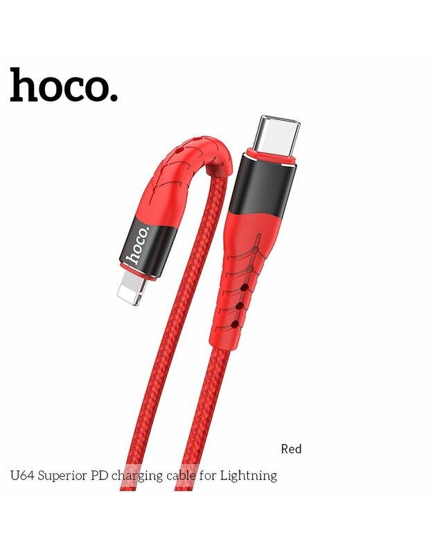 HOCO USB laidas, skirtas „iPhone Lightning“ 8 kontaktų aukščiausios kokybės maitinimo šaltiniui PD U64 c raudonas.