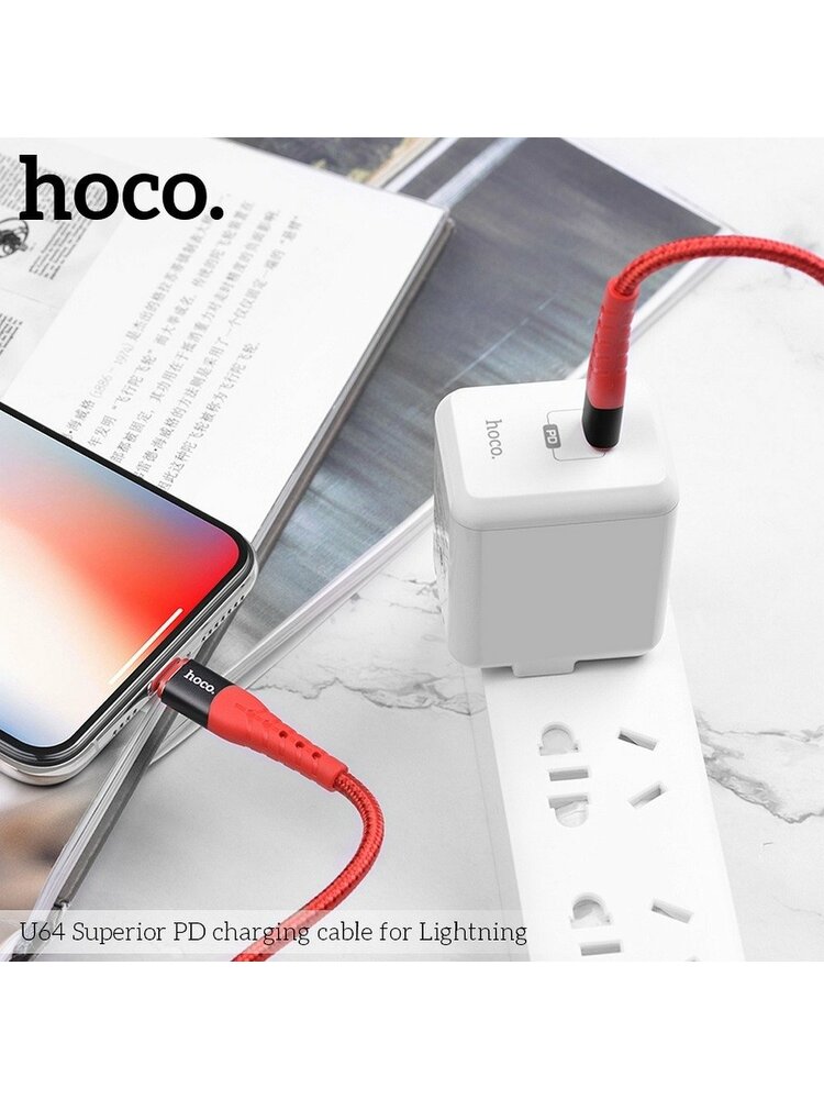 HOCO USB laidas, skirtas „iPhone Lightning“ 8 kontaktų aukščiausios kokybės maitinimo šaltiniui PD U64 c raudonas.