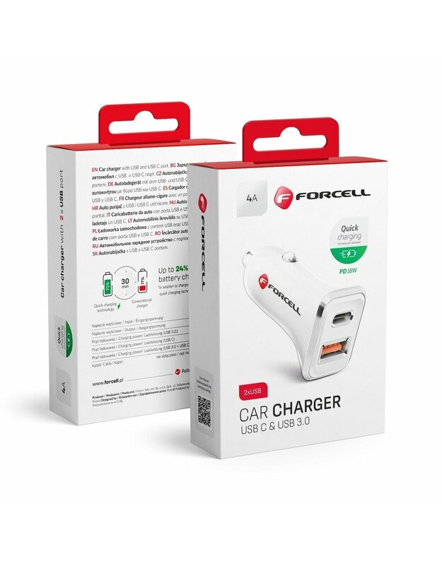 Greitas įkrovimas automobiliui + Pd 18W 2XUSB (usb 3,0 + usb C) 4A Balta