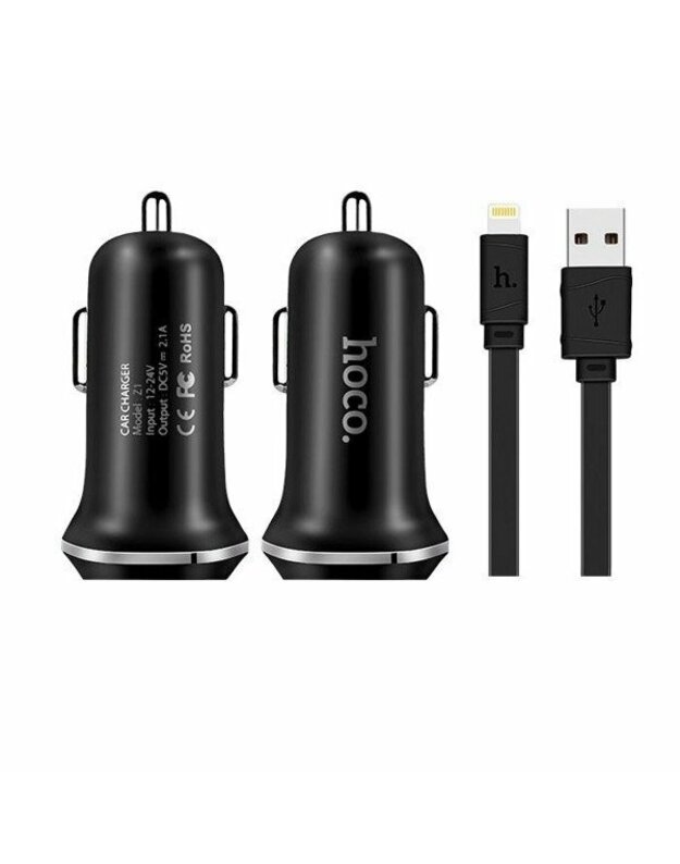 Automobilinis įkroviklis Hoco Z1 - Dual USB + iPhone (lightning) - juoda