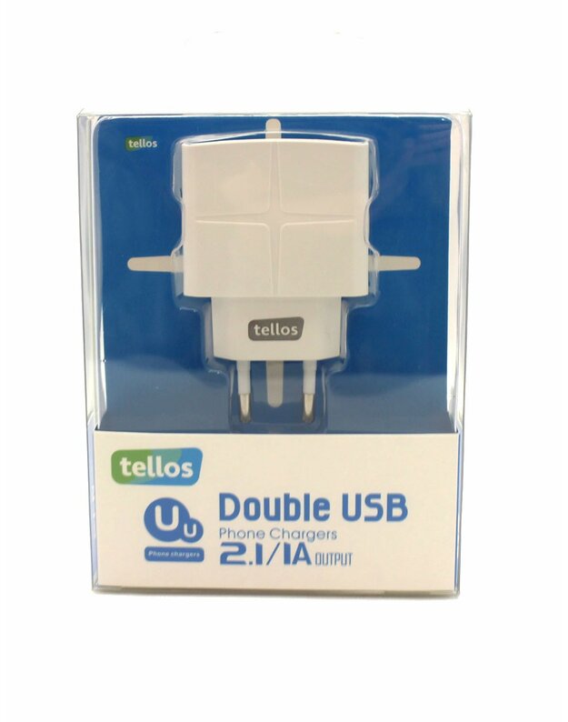 Telefono buitinis įkroviklis Tellos su USB jungtimi (dual) (1A+2.1A) baltas