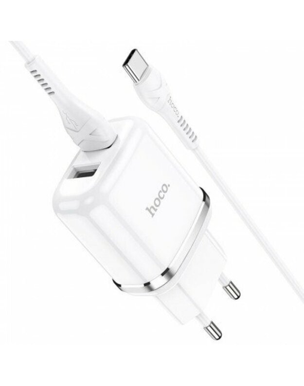 „Hoco N4“ kelionių įkroviklis su 2 USB 5V 2.4A įkrovimo išvestimis, baltas, su USB-C kabeliu 1 m