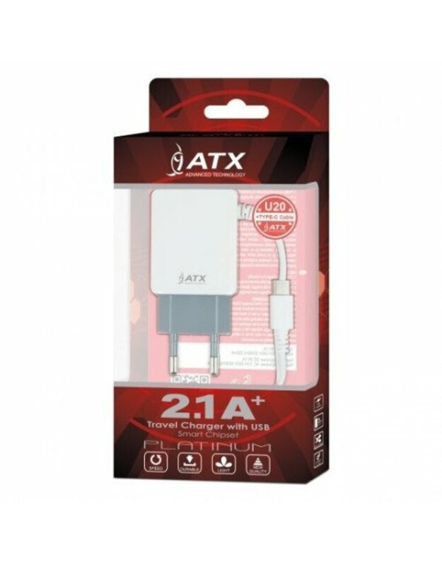 Telefono buitinis įkroviklis ATX Platinum Universal Travel Charger 2.1A + Type-C  baltas