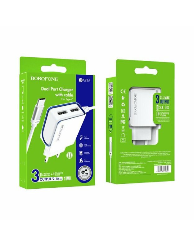 Telefono buitinis Įkroviklis Borofone BA35A su dviem USB jungtimis + Type-C (2.1A) baltas