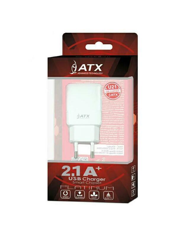 Telefono buitinis įkroviklis ATX​ 2​,​1A​ 2xUSB​ U21​ baltas