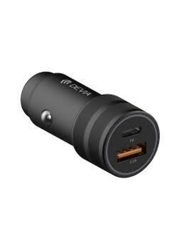 Įkroviklis automobilinis Devia Traveller PD su 2 USB jungtimis (PD18W+USB 2.1A) juodas