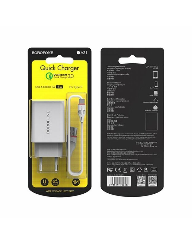 Telefono buitinis įkroviklis Borofone BA21A su USB jungtimi + Type-C QC3.0 (3A) baltas 