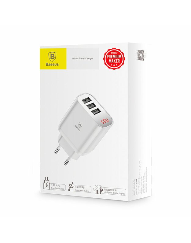 Telefono buitinis įkroviklis „Baseus“ 3 USB 3.4A su baltu ekranu