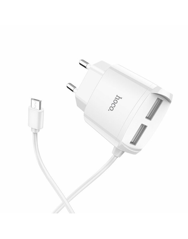 Įkroviklis buitinis Hoco C59A su 2 USB jungtimis + microUSB (2.1A) baltas 