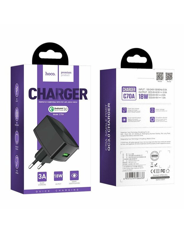 Telefono buitinis įkroviklis Hoco. C70A USB rapid charger quick charge 3.0 18W black
