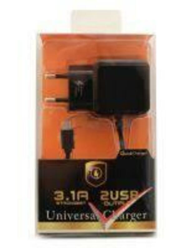 Įkroviklis buitinis F13c FastCharging su 2 USB jungtimis (3.1A) microUSB juodas 