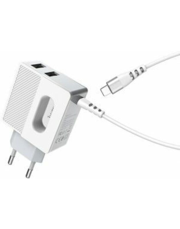 Įkroviklis buitinis Hoco C75 su 2 USB jungtimis + Lightning (2.4A), baltas