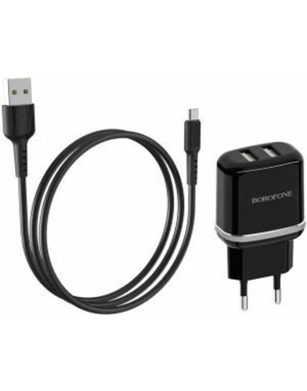 Telefono buitinis įkroviklis Borofone BA25A su dviem USB jungtimis + microUSB (2.1A) juodas 