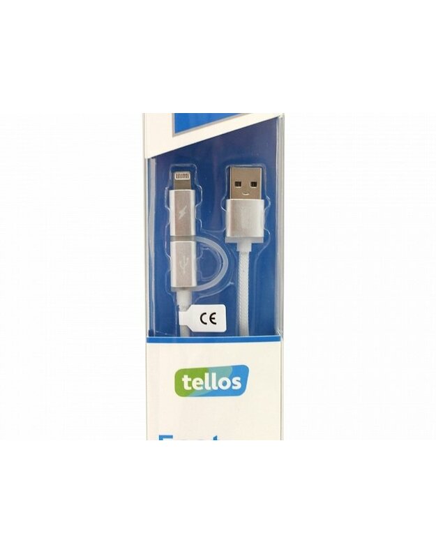 USB kabelis Tellos TPE 2in1 microUSB-Lightning sidabrinis, 1.2m