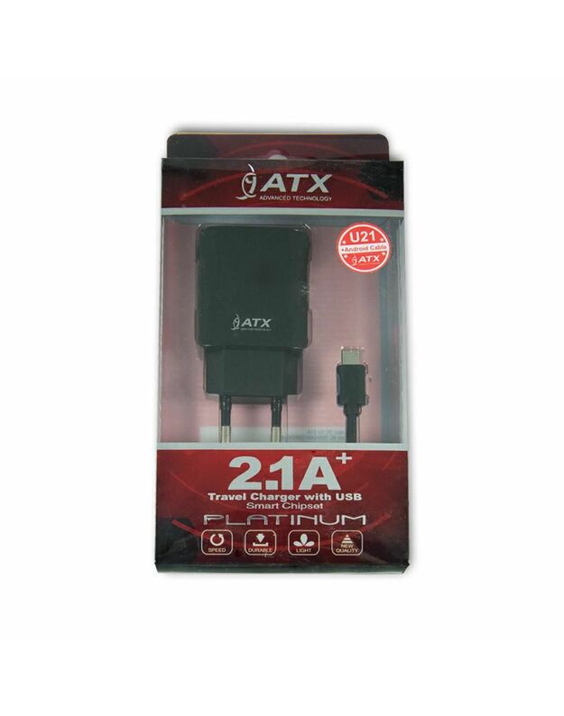 Telefono buitinis įkroviklis  U21 ATX 2,1A 2xUSB + kabelis micro usb (juodas)
