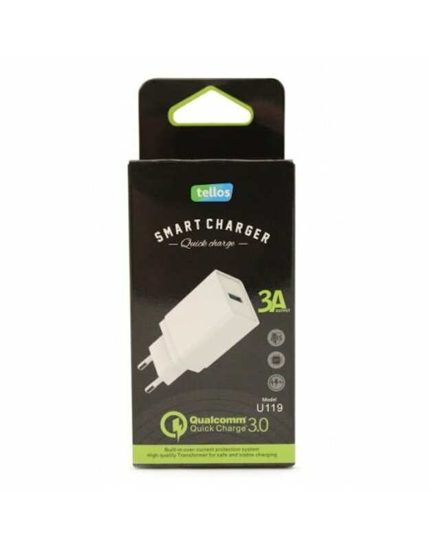 Telefono buitinis įkroviklis Tellos Qualcomm Quick Charge 3.0 su USB jungtimi U119 (3.1A) 