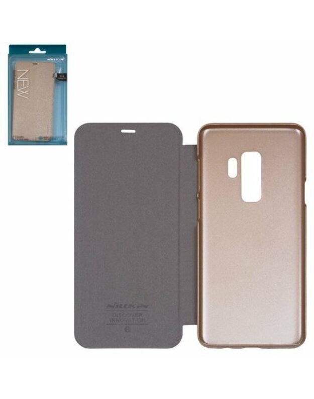 Samsung G965 Galaxy S9 Plus“, (auksinis, atverčiamas, PU oda, plastikas) 