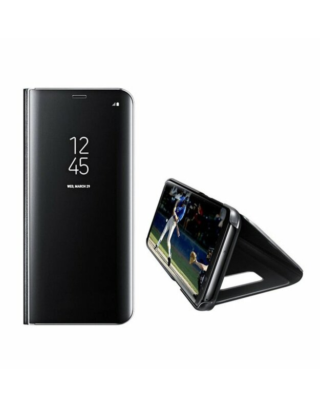 Atverčiami į šoną, CLEAR VIEW Samsung A21s, juodas, permatomas-veidrodinis priekinis dangtelis
