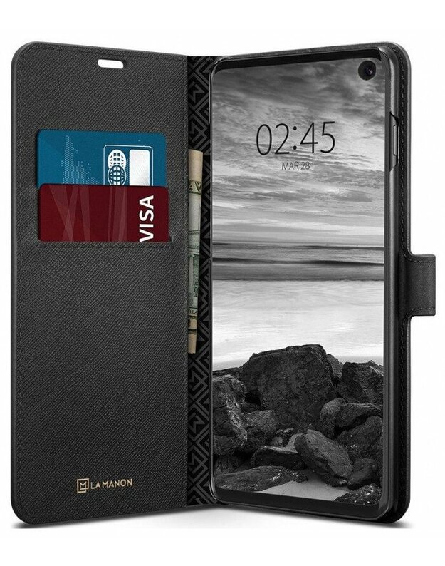 Juodas atverčiamas dėklas Samsung Galaxy S10 telefonui "Spigen La Manon Wallet"