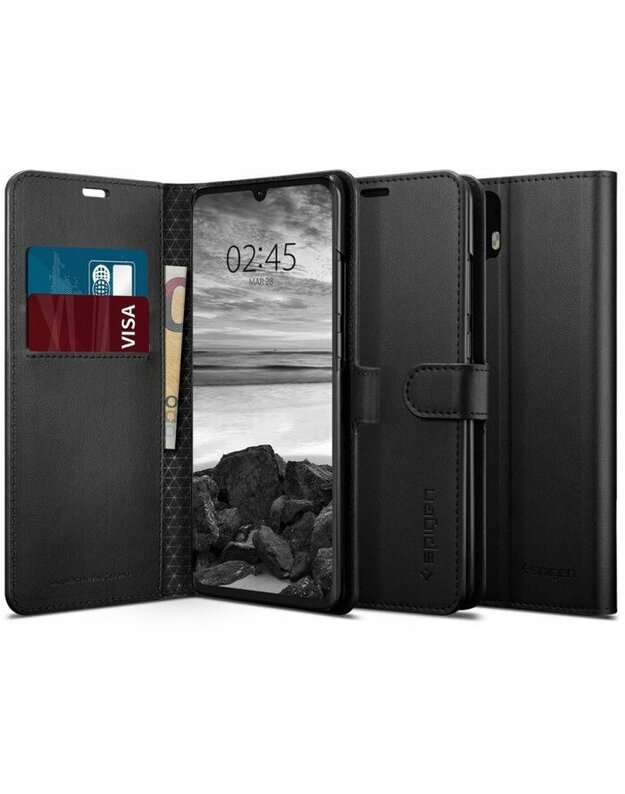 Juodas atverčiamas dėklas Huawei P30 Pro telefonui "Spigen Wallet S"