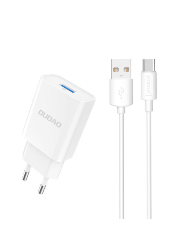 DUDAO ĮKROVIKLIS EU USB 5V / 2.4A QC3.0 QUICK CHARGE 3.0 + KABELIS USB TYPE C BALTAS (A3EU + TYPE-C BALTAS)