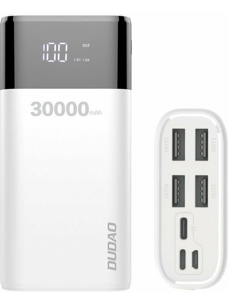 30 000 mAh išorinė baterija 4 USB prievadai + apšvietimas / USB C / Micro USB 4A baltas LED ekranas