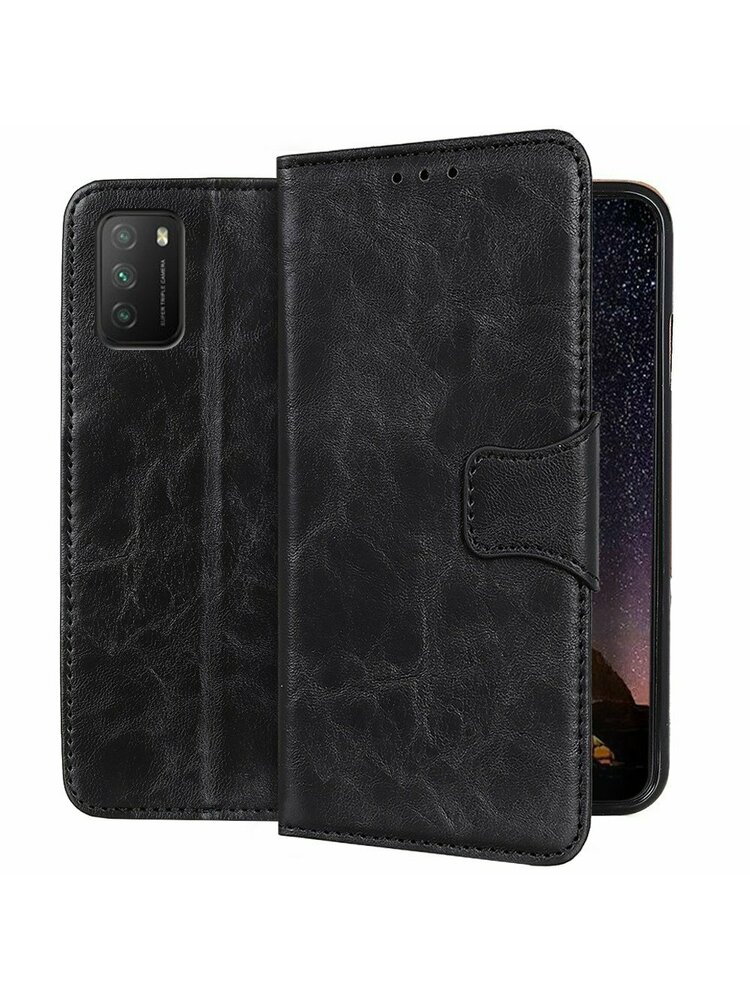 Crazy Horse Leather Piniginės dėklas, skirtas Xiaomi Poco M3, juodas