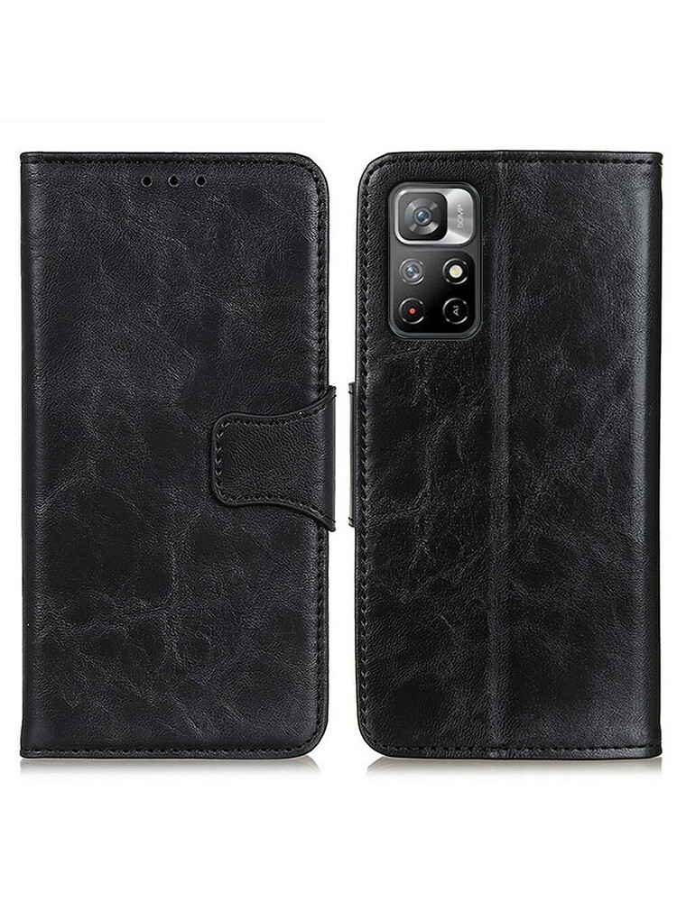 „Crazy Horse Leather“ piniginės dėklas, skirtas „Xiaomi Redmi Note 11“ / „Poco M4 Pro 5G“, juodas