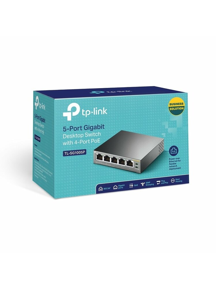 TP-LINK 5-portų gigabitų darbalaukio jungiklis su 4 prievadų „PoE“ 5 gigabitų RJ45 jungtimis, įskaitant 4 „PoE“ prievadus 56 W „PoE“ maitinimo šaltinio plieninis dėklas