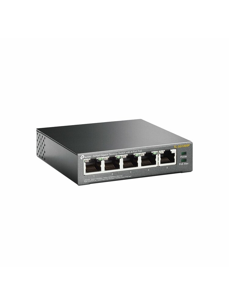 TP-LINK 5-portų gigabitų darbalaukio jungiklis su 4 prievadų „PoE“ 5 gigabitų RJ45 jungtimis, įskaitant 4 „PoE“ prievadus 56 W „PoE“ maitinimo šaltinio plieninis dėklas