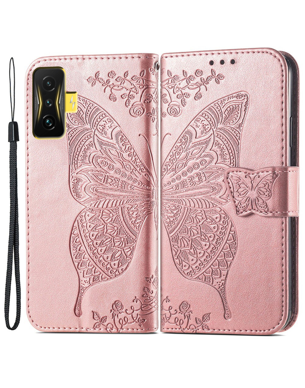 Butterfly Wallet Case for Xiaomi Poco F4 GT, Butterfly, Rose Gold