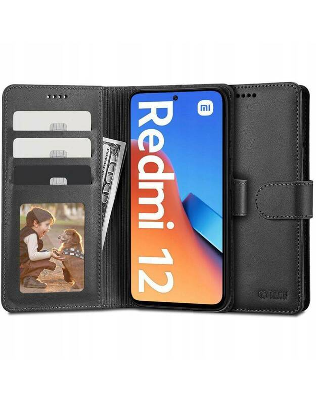 Juodas atverčiamas dėklas Xiaomi Redmi 12 telefonui "Tech-Protect Wallet"