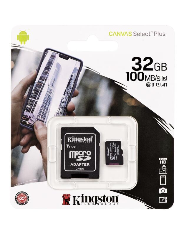 Atminties kortelė Kingston microSDHC 32GB Canvas Select Plus 100R A1 C10 + Adapteris