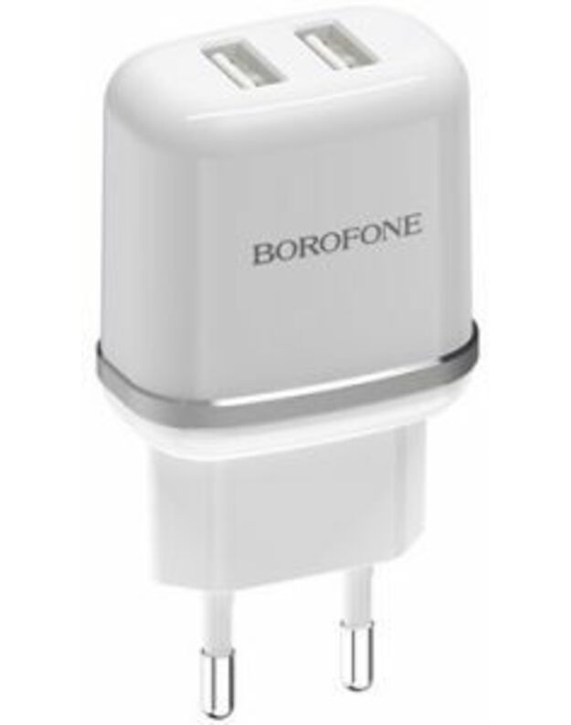 Įkroviklis buitinis Borofone BA25A su dviem USB jungtimis (2.1A) baltas