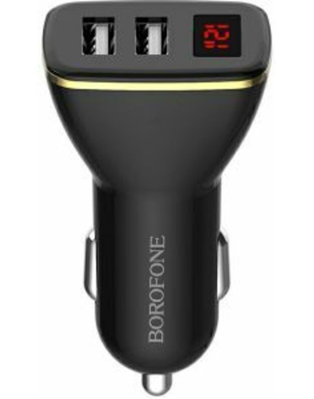 Automobilinis įkroviklis Borofone BZ11 su 2 USB jungtimis (2.1A) su led ekranu, juodas
