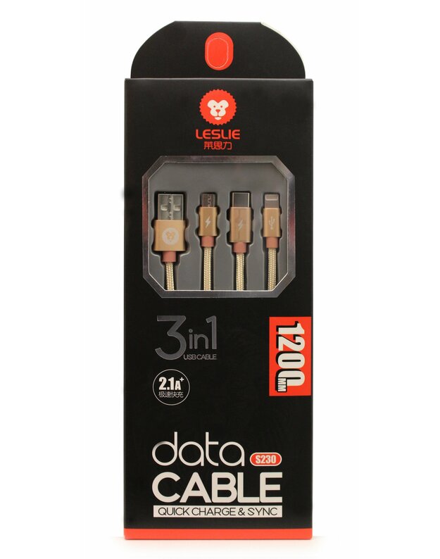 USB kabelis Leslie S230 3in1 microUSB-Lightning-Type-C FastCharging auksinis, 1.2m