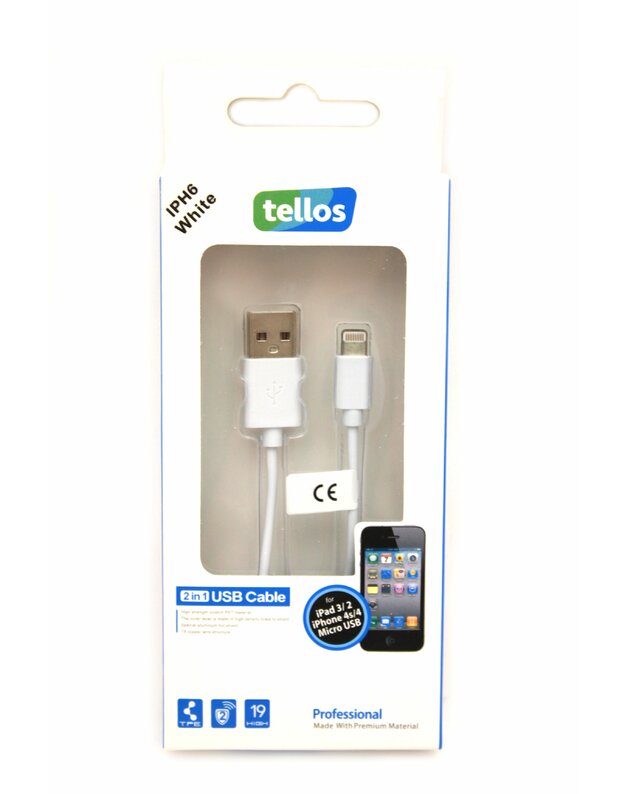 Telefono laidas Lightning USB kabelis Tellos Professional Apple Lightning baltas, 1.0m