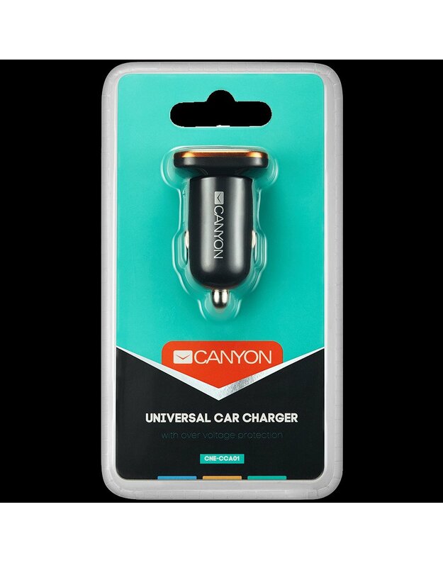 „CANYON C-01“ universalus 1xUSB automobilio adapteris, įvestis 12V-24V, išvestis 5V-1A, juoda gumos danga su oranžiniu galvanizuotu žiedu (be LED apšvietimo), 51,8 * 31,2 * 26,2 mm, 0,016 kg