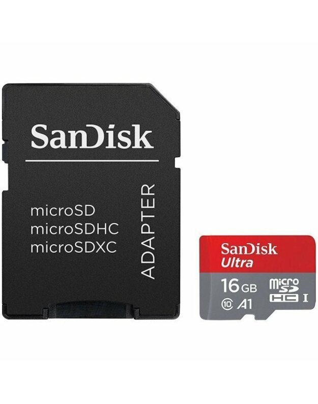 „SanDisk Ultra Android“ microSDHC 16GB + SD adapteris + Atminties zonos programa 98MB / s A1 10 klasės UHS-I;