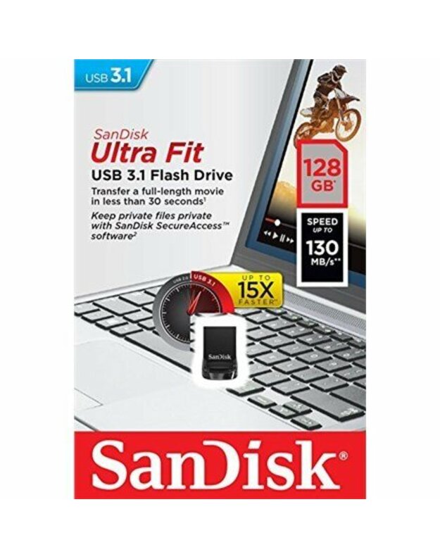 „SanDisk“ 128 GB „Ultra Fit USB 3.1“ - mažos formos faktoriaus kištukas ir palaikymas didelės spartos USB diske „Sandisk Ultra Fit USB 3.1“ - mažos formos faktoriaus kištukas ir palaikymo didelės spartos USB diskas 128 GB, USB 3.1, juodas