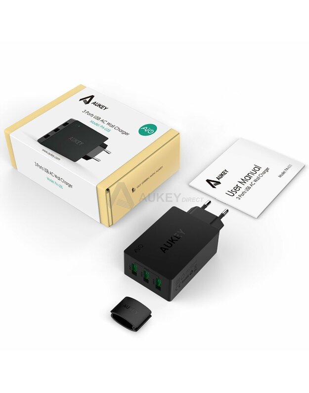 Aukey PA-U35 3 prievadų 30W USB sieninis įkroviklis su išmaniuoju „Ai Power“ įkrovimu (juodas)