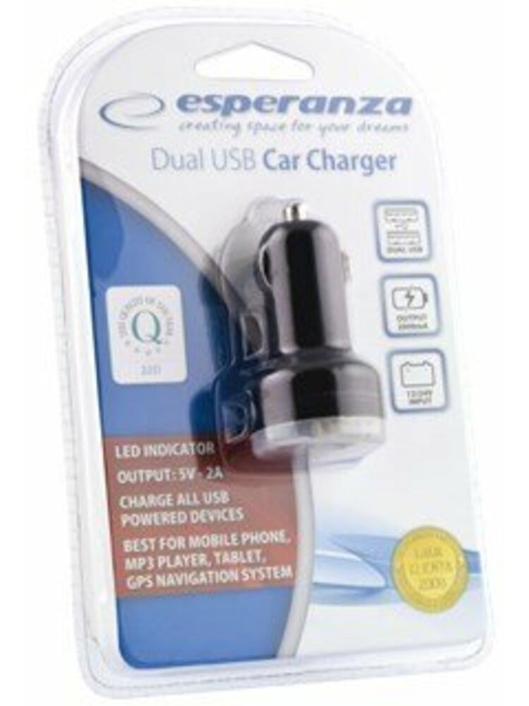 ESPERANZA EZ108 - Automobilinis įkroviklis 2 x USB |iPhone| DC 12/24V|5V|2100mAh
