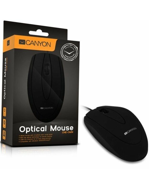 CANYON CM-1 wired optical Mouse with 3 buttons, DPI 1000, Black, cable length 1.15m, 100*51*29mm, 0.07kg | Akcija "IŠPARDAVIMAS"