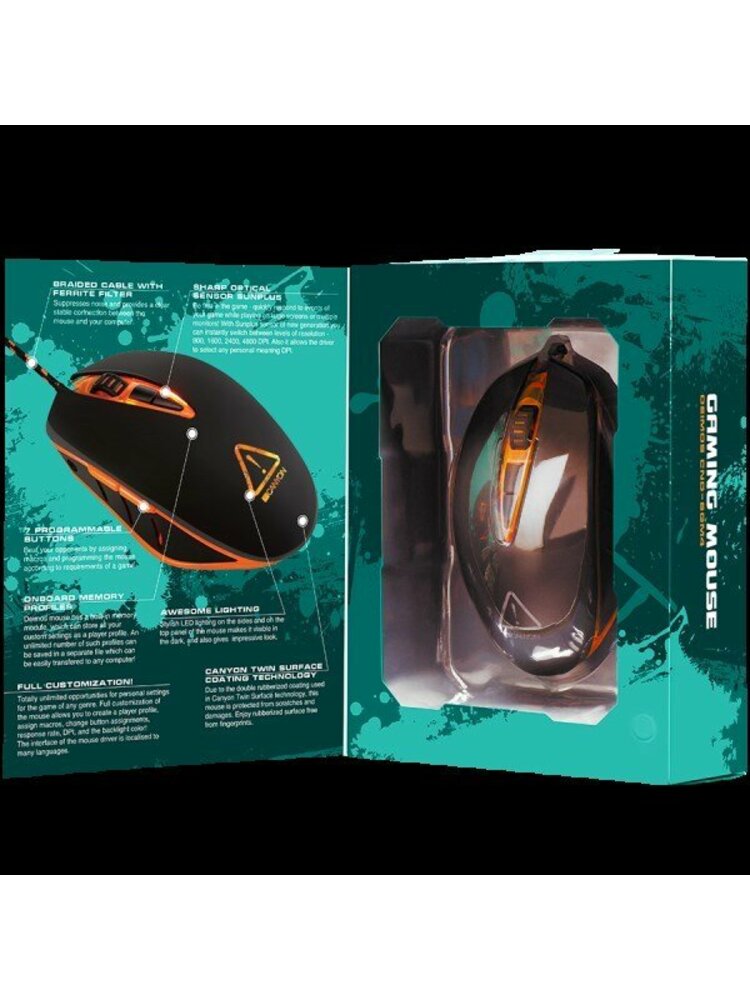 CANYON Optical gaming mouse, adjustable DPI setting 800/1600/2400/4800, LED backlight, Black, cable length 1.55m, 126*70*42mm, 0.144kg 