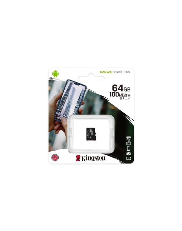 ATMINTIES KORTELĖ KINGSTON CANVAS SELECT PLUS UHS-I 64GB MICRO SDXC CL10 